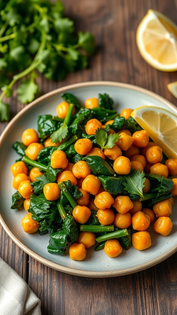 A colorful plate of kale and chickpeas stir-fry garnished with cilantro and lemon.